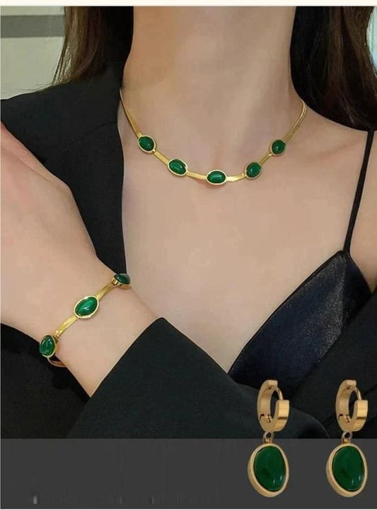 Gold-Plated Oval Green Crystal Pendant Necklace Set with Bracelet for Women - Shop-Vibe #