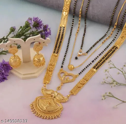 Mangalsutra Combo Deal – Gold Plated Necklace Pendant Mangalsutra 30 Inch & 18 Inch with Earrings (Pack of 5) - Shop-Vibe #