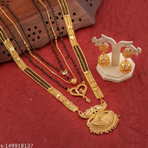 Mangalsutra Combo Deal – Gold Plated Necklace Pendant Mangalsutra 30 Inch & 18 Inch with Earrings (Pack of 5) - Shop-Vibe #